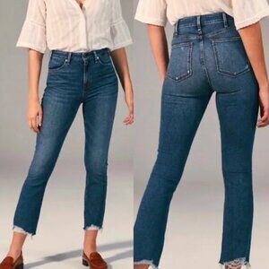 🦋 ABERCROMBIE & FITCH High Rise Ankle Flare Size 00 Waist 24 Dark Wash Raw Hem